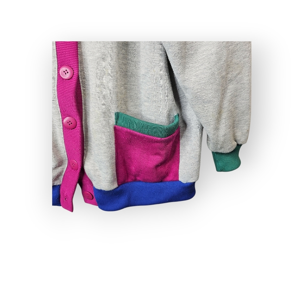 Vintage Colorblock Sweatshirt Cardigan Womens Gray Pink Green Blue Button Front - Picture 4 of 5